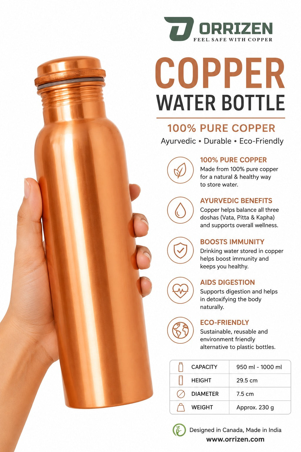 Pure Copper Water Bottle – Classic Plain Finish